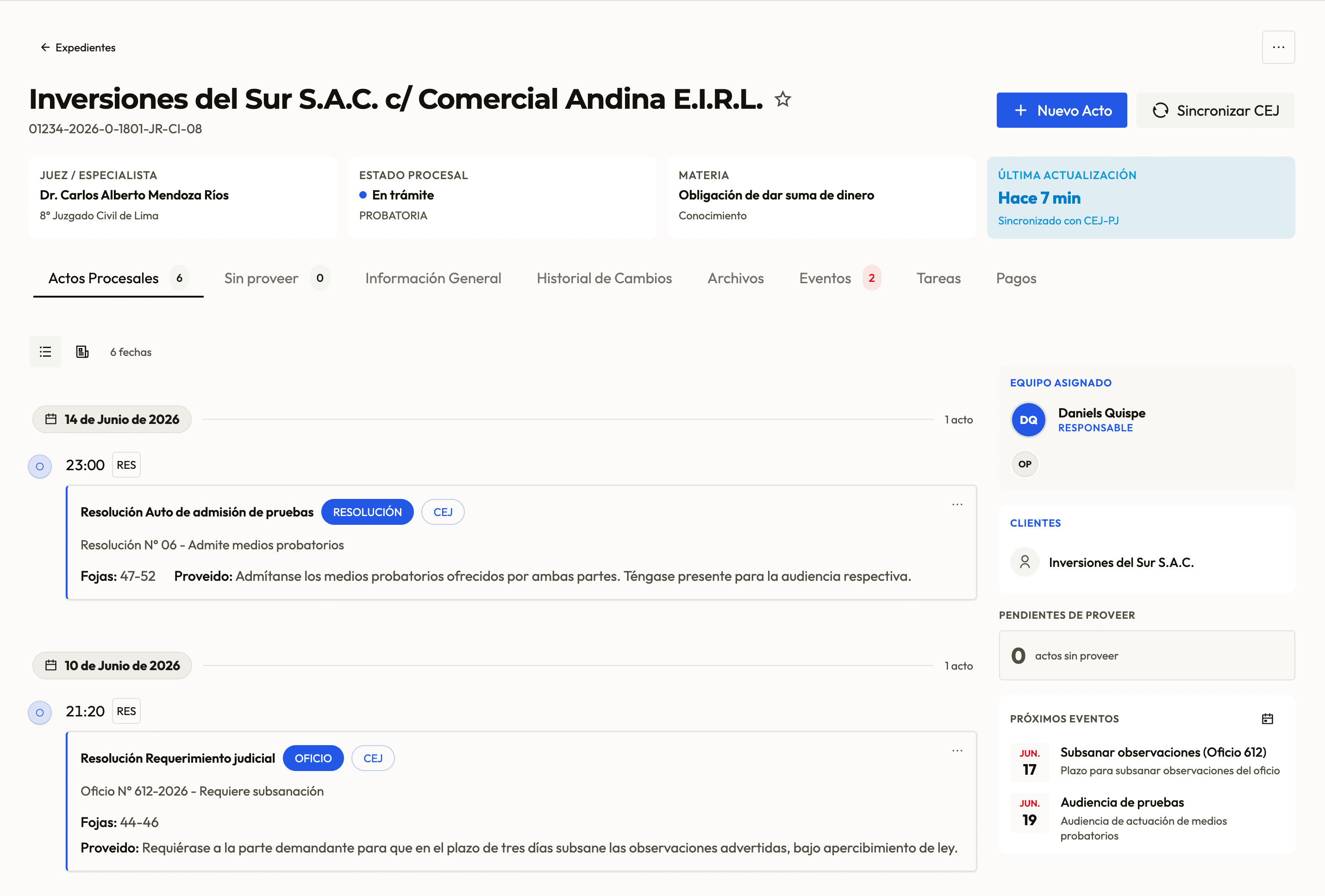 Vista de expedientes en Proveído