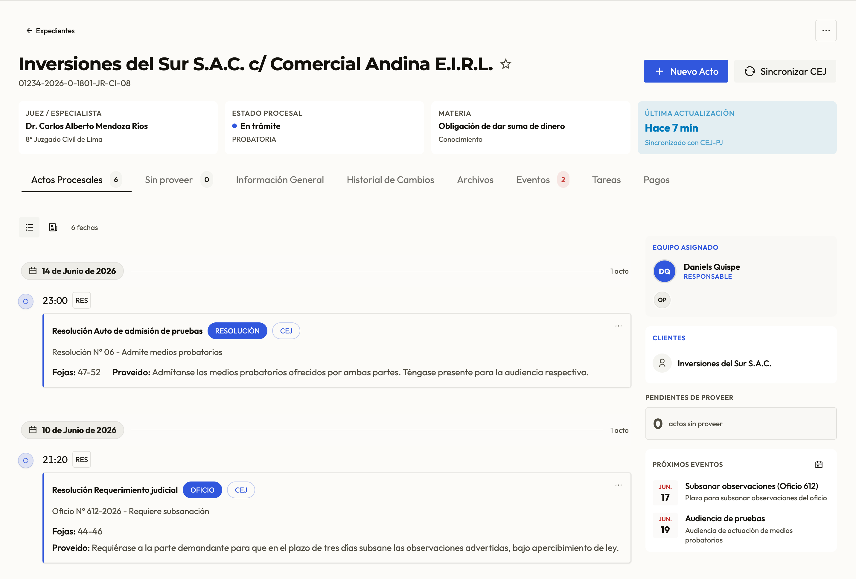 Vista de expedientes en Proveído