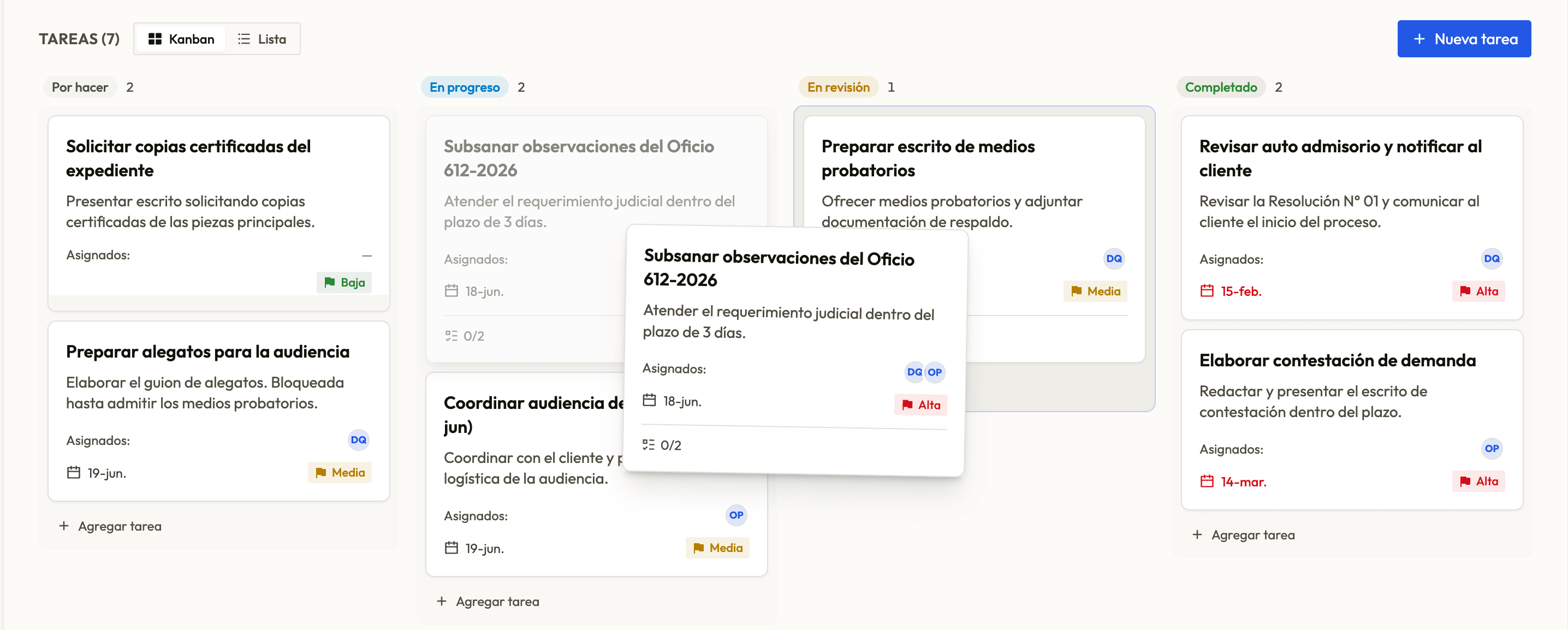 Tablero de tareas en Proveído