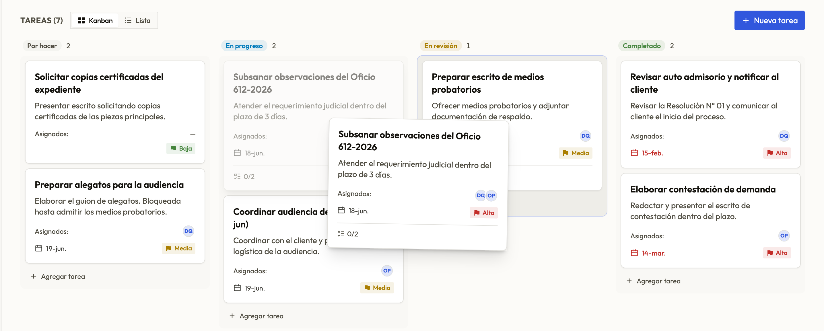 Tablero de tareas en Proveído